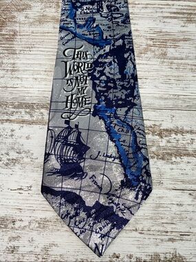 Map Nautical Polyester Tie “This World Is Not My Home” Blue Gray Mens Novelty